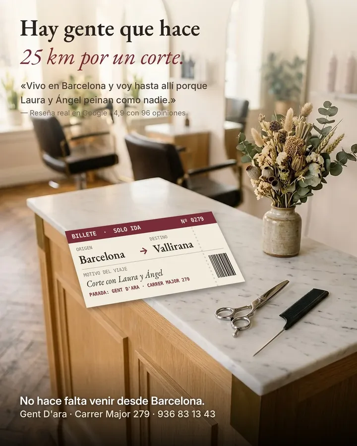 Flyer «Hay gente que hace 25 km por un corte» para la peluquería Gent D'ara