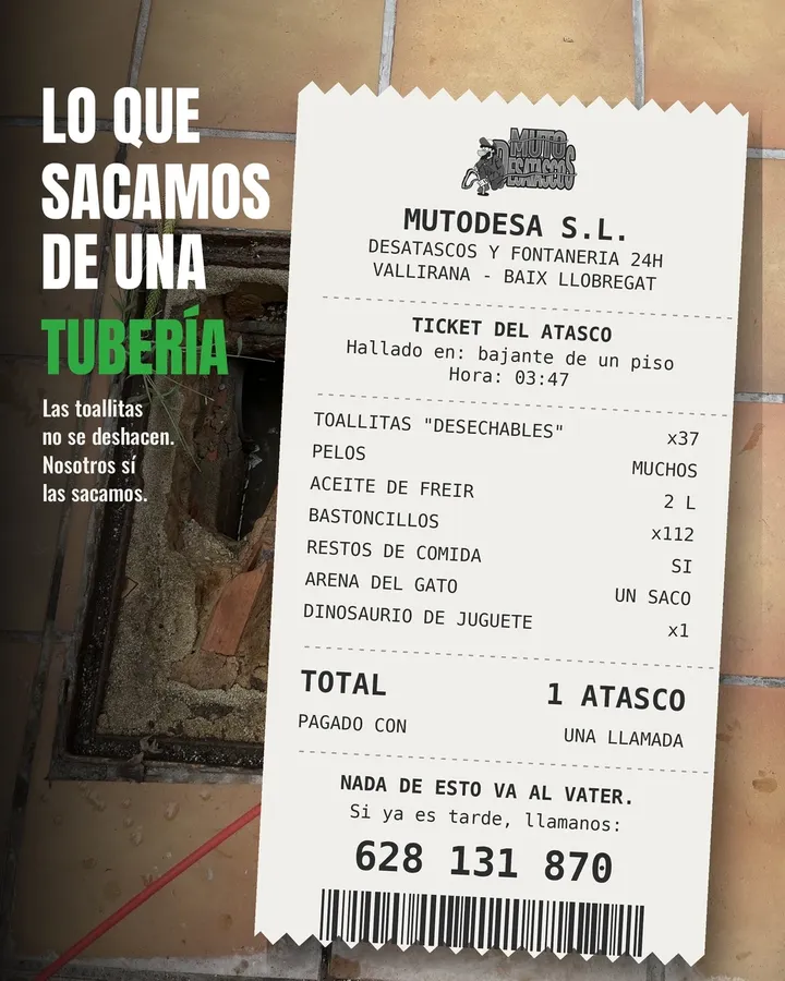 Flyer con forma de ticket de lo que sale de una tubería, para Mutodesa