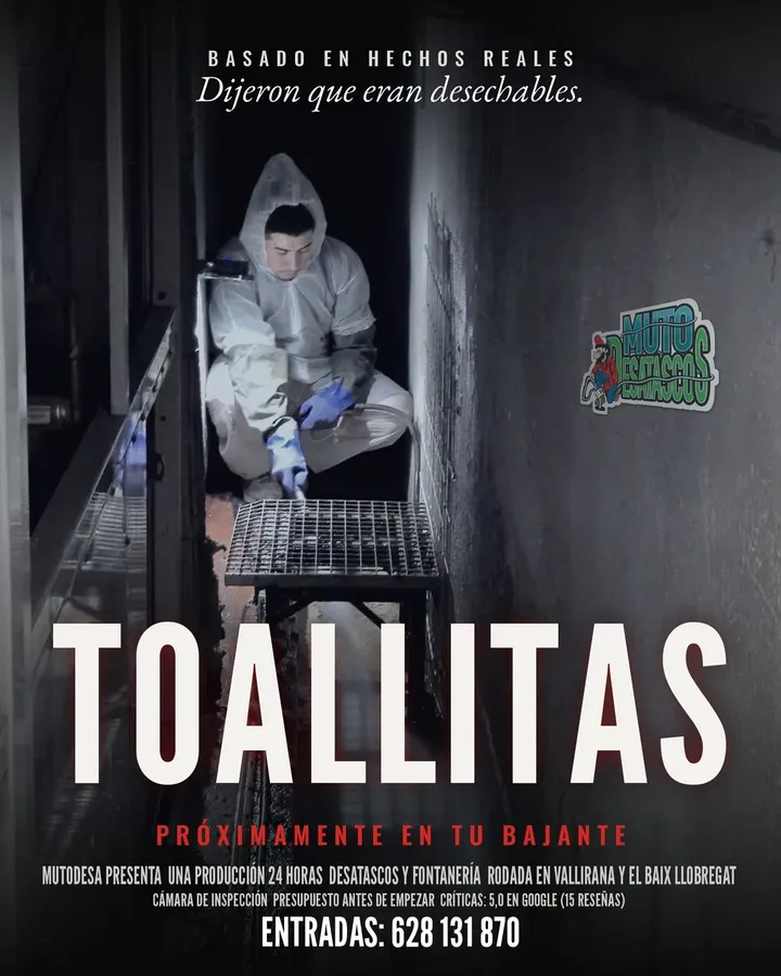 Flyer tipo póster de cine «Toallitas» para Mutodesa, desatascos 24 horas