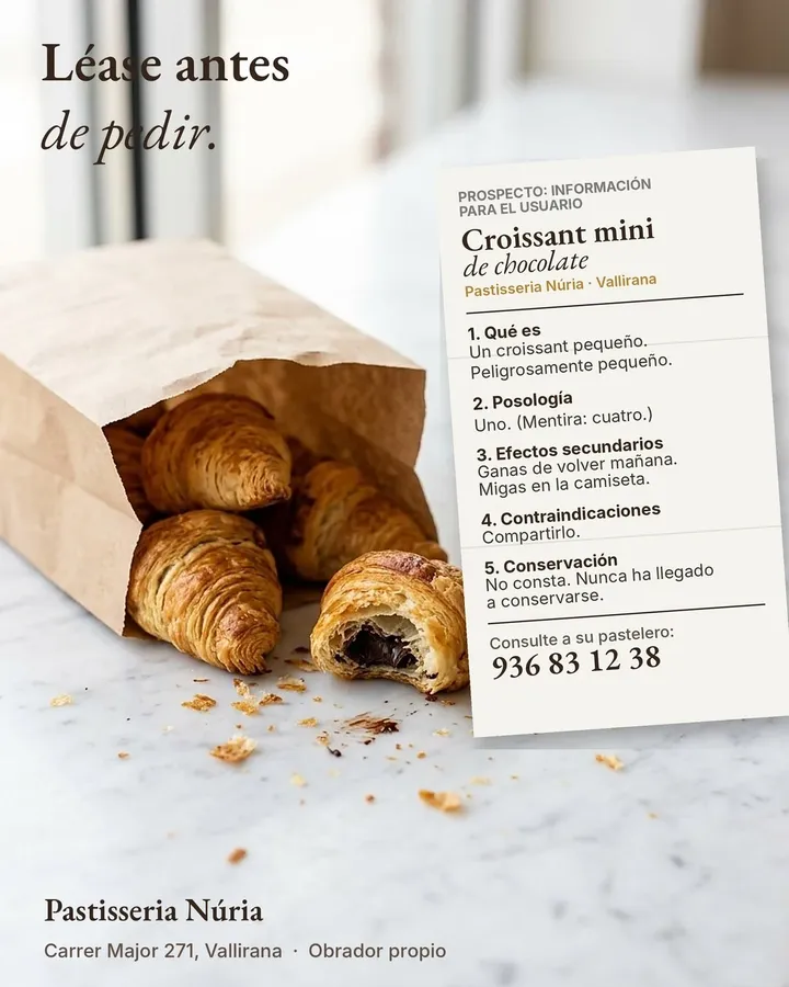 Flyer con forma de prospecto del croissant mini de chocolate de Pastisseria Núria